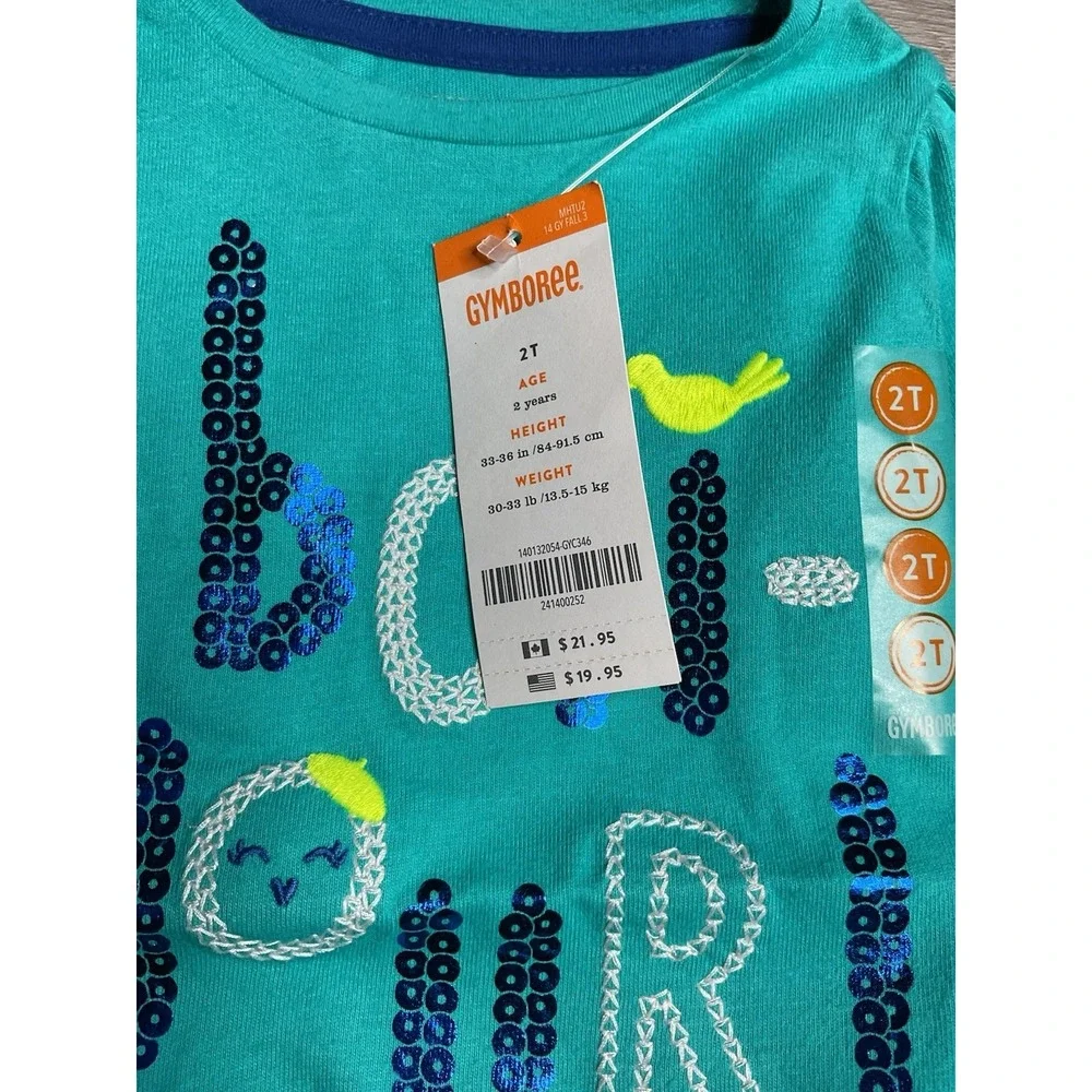 Gymboree Girls Teal Sequin Bonjour Graphic Long Sleeve Tee‎ Shirt 2T NWT